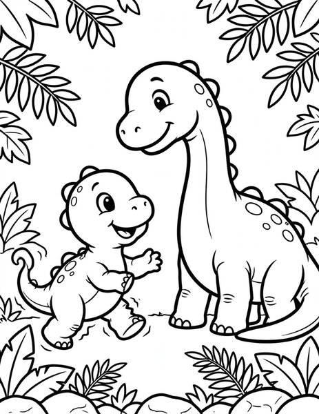 Baby Dino First Steps coloring page: A wobbly baby brontosaurus takes its first steps.