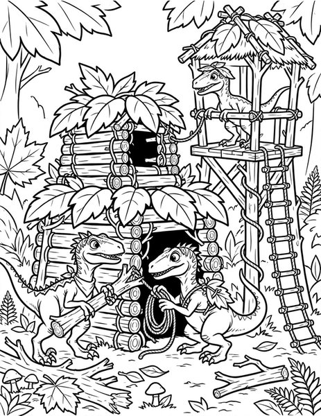 Raptor Hideout coloring page: Raptors build a secret fort from fallen branches.
