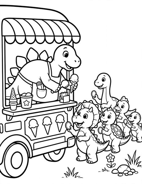 Dino Ice Cream Truck coloring page: A stegosaurus serves ice cream from a dino truck.