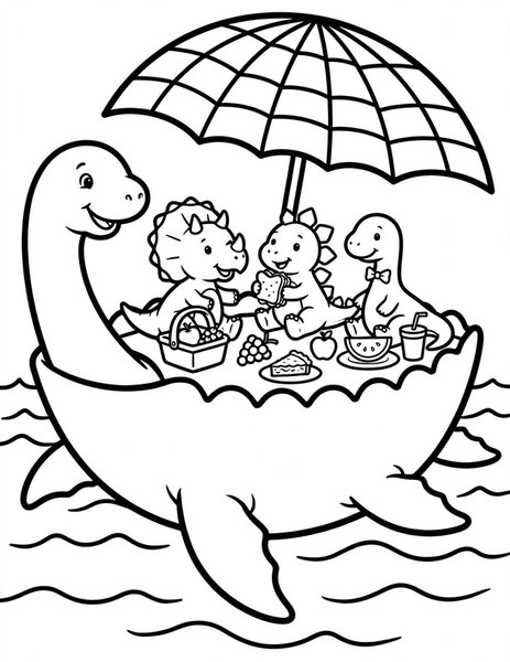 Plesiosaur Picnic Boat coloring page: Friends picnic on a plesiosaur's back like a boat.