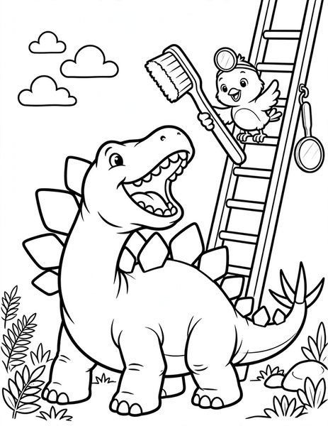 Dino Dentist coloring page: A stegosaurus opens wide for a tooth checkup.