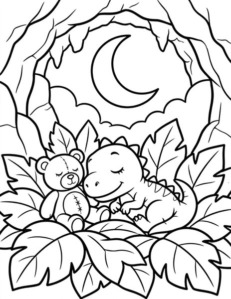 T-Rex Bedtime coloring page: A sleepy t-rex tucks into bed with a teddy.