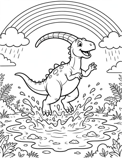 Rainy Day Puddle coloring page: A parasaurolophus jumps in puddles after the rain.