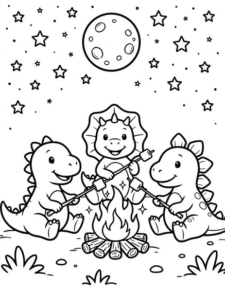 Dino Campfire coloring page: Dinosaurs roast marshmallows under the stars.
