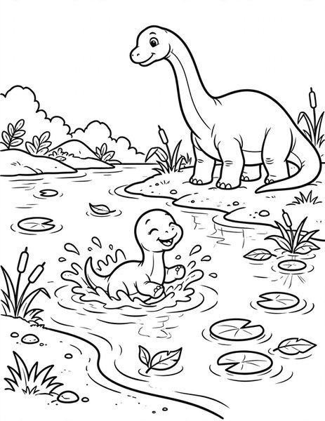Baby Bronto Bath coloring page: A baby brontosaurus splashes in a warm lagoon.