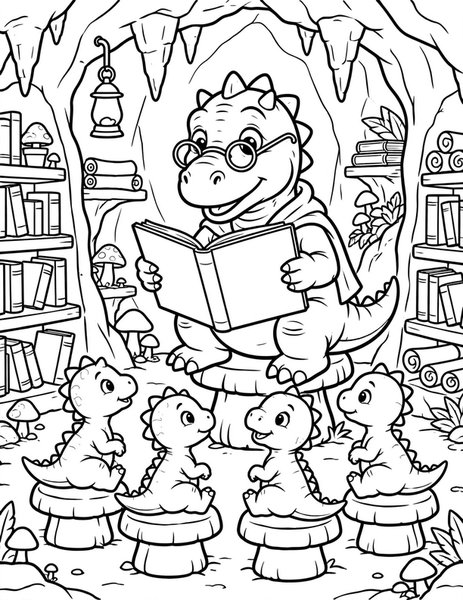Dino Library coloring page: A wise old dinosaur reads stories to little ones.