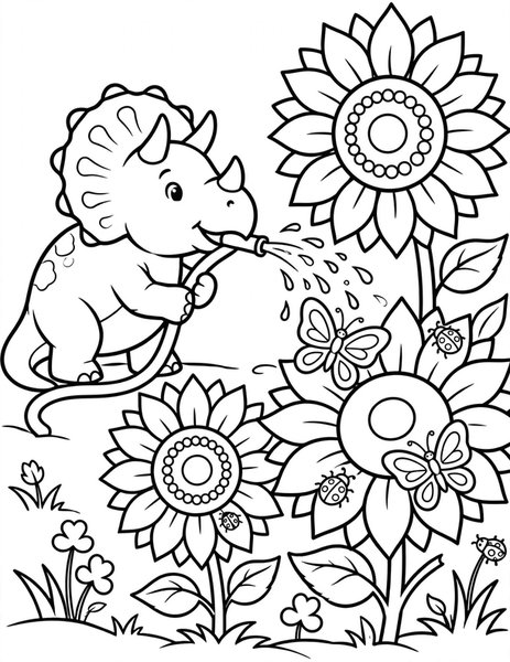 Triceratops Garden coloring page: A triceratops tends a garden of giant sunflowers.