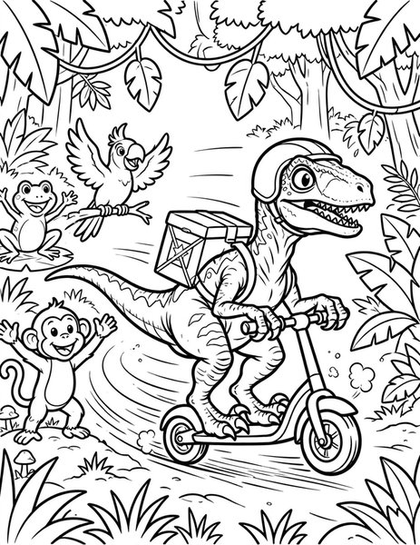 Raptor Delivery coloring page: A speedy raptor delivers packages on a scooter.