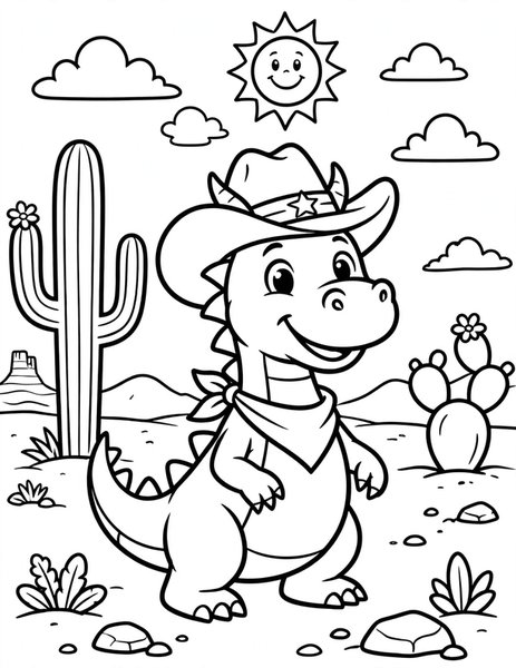 Cowboy Dragon coloring page: A friendly dragon tips a cowboy hat.