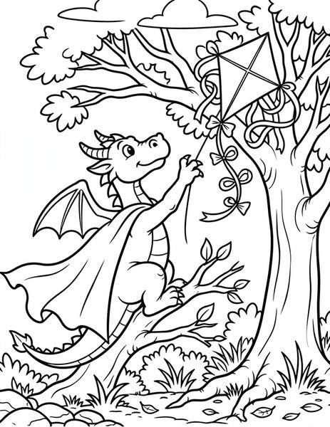 Cape Dragon coloring page: A brave dragon in a cape rescues a kite.