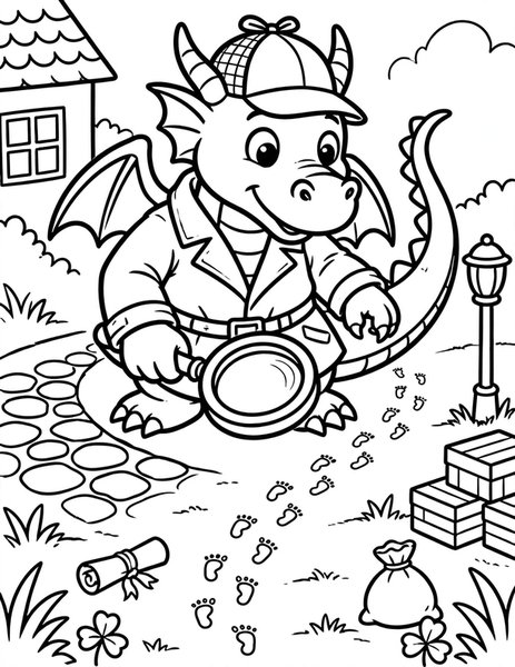 Dragon Detective coloring page: A dragon detective follows tiny footprints.