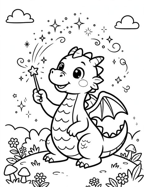 Apprentice Dragon coloring page: A young dragon practices gentle sparkle magic.