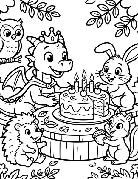 Dragon Prince coloring page: A dragon prince shares cake with friends.