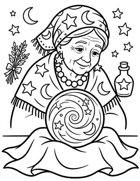 Crystal Ball coloring page: A fortune teller gazes deep.