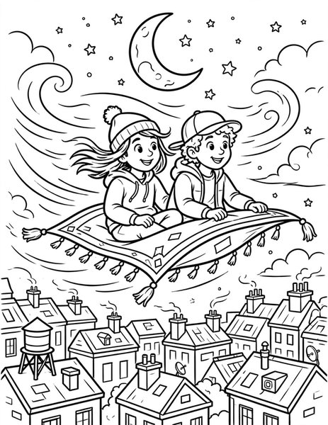 Flying Carpet coloring page: A carpet zooms over rooftops.