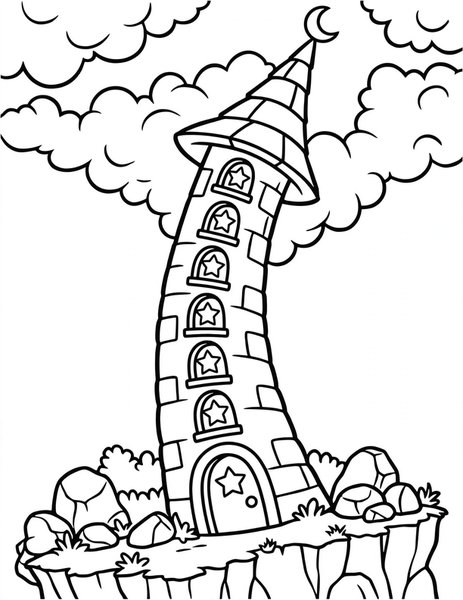 Wizard Tower coloring page: A crooked tower touches clouds.