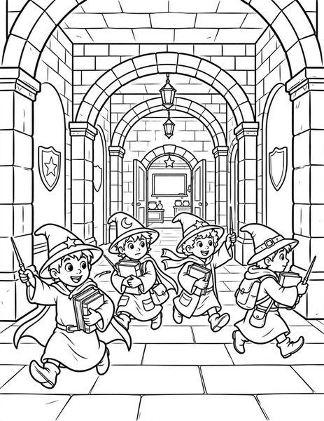 Magic School coloring page: Students hurry to spell class.