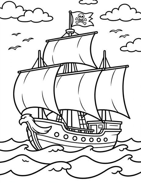 Pirate Ship coloring page: A tall ship sails the open sea.