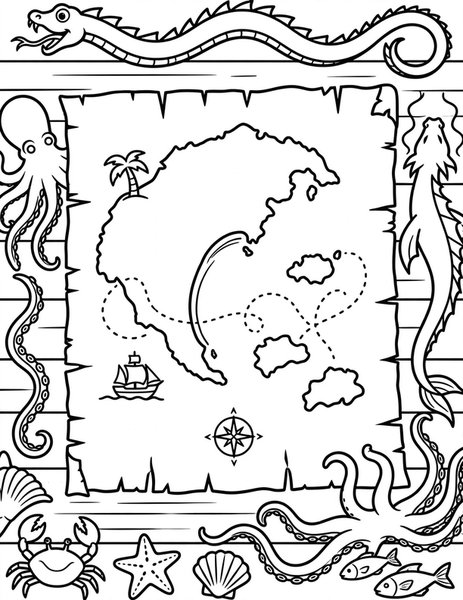 Treasure Map coloring page: A map marks the secret spot.