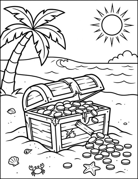 Chest on Beach coloring page: Coins spill from a buried chest.