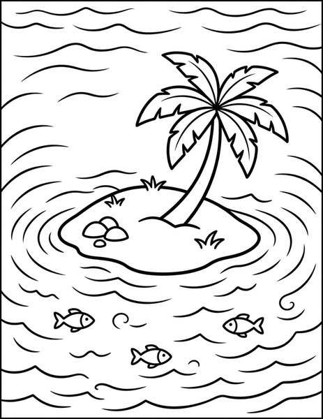 Desert Island coloring page: One palm shades the island.