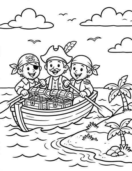 Rowboat Landing coloring page: Pirates row to the shore.