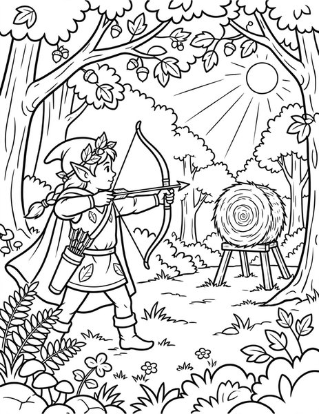 Elf Archer coloring page: An elf aims at a distant target.
