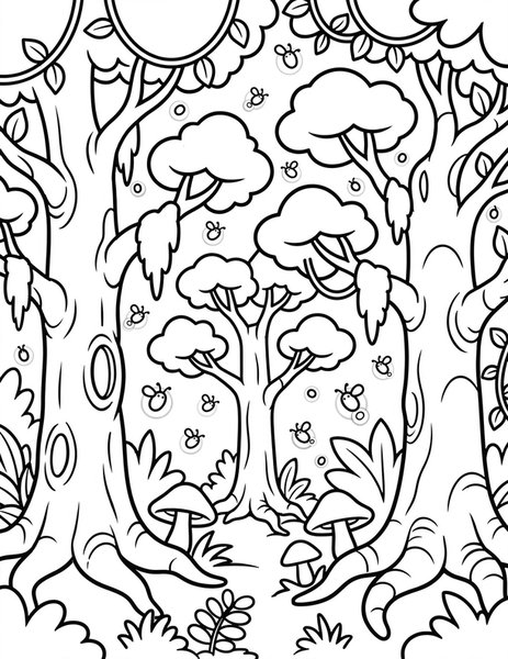 Enchanted Forest coloring page: Trees glow with soft light.