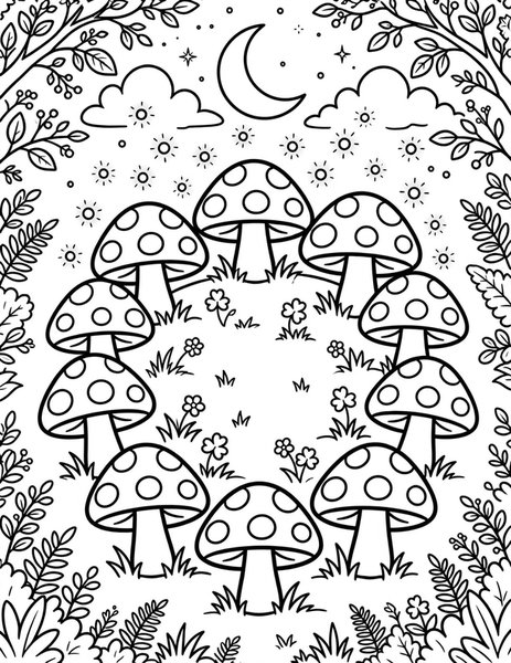 Fairy Ring coloring page: Mushrooms form a magic circle.