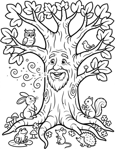 Talking Tree coloring page: An old tree tells a story.