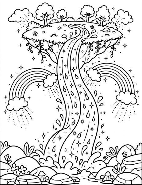 Magic Waterfall coloring page: A waterfall flows upward.