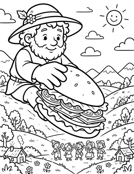 Friendly Giant coloring page: A giant shares his lunch.
