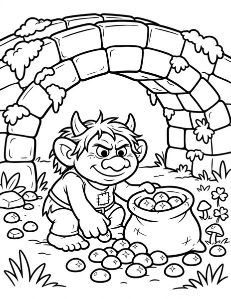 Bridge Troll coloring page: A troll collects shiny tolls.