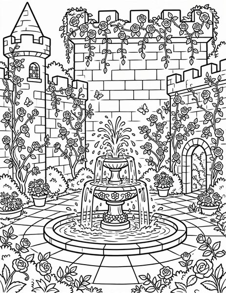 Castle Garden coloring page: Roses climb the castle walls.