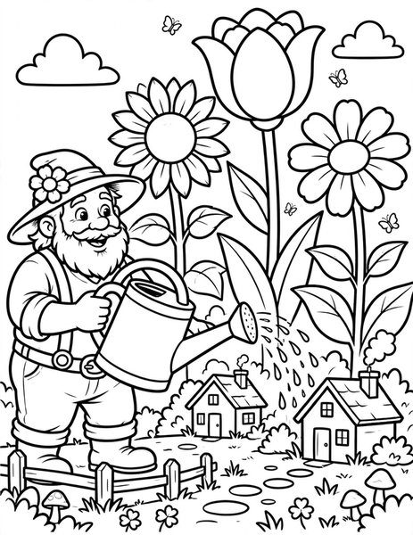 Giant's Garden coloring page: Flowers grow taller than houses.