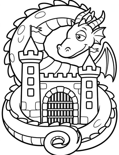 Dragon Guard coloring page: A sleepy dragon guards the gate.