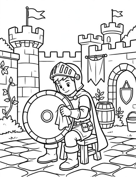 Shield Shine coloring page: A knight polishes a bright shield.