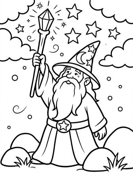 Wizard Staff coloring page: A wizard raises a glowing staff.