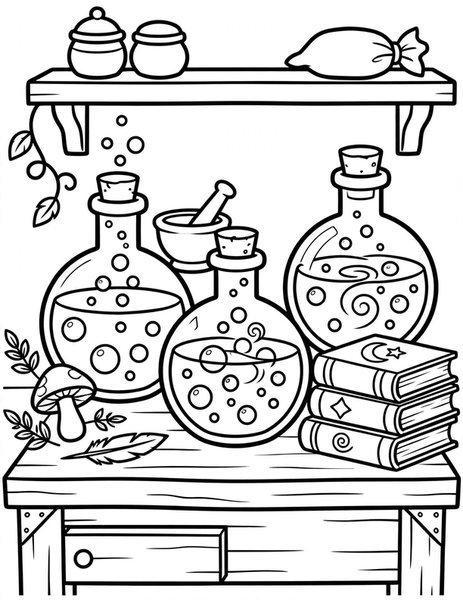 Potion Lab coloring page: Potions bubble in glass flasks.