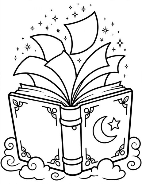 Spell Book coloring page: A big book flips its own pages.