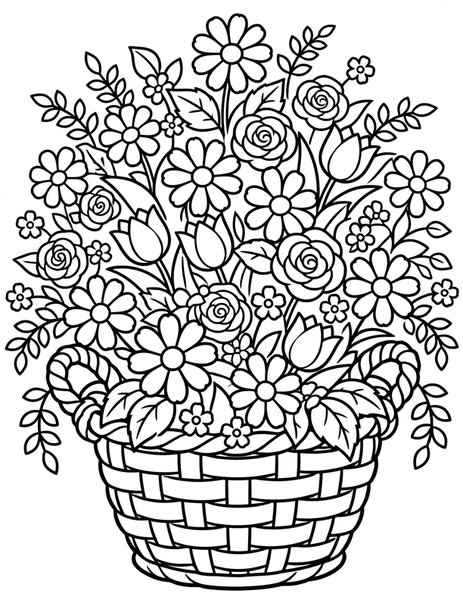 Detailed Flower Basket coloring page: A woven basket of detailed flowers.