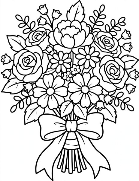 Detailed Flower Bouquet coloring page: A bouquet tied with a ribbon.