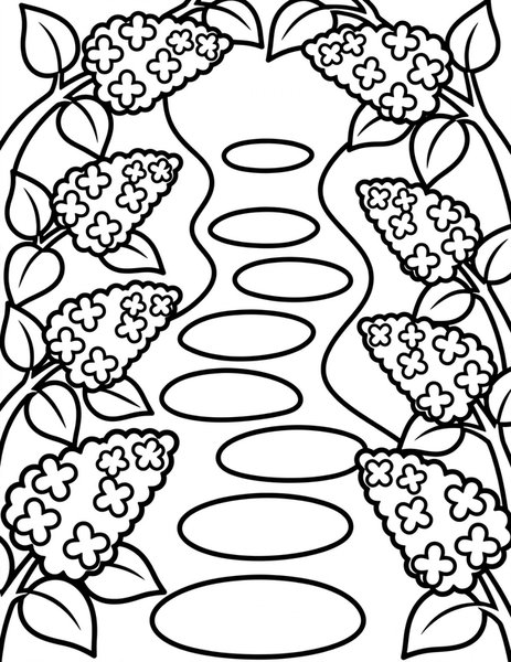 Lilac Lane coloring page: Lilacs line a garden path.