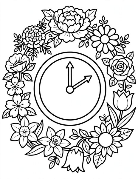 Detailed Flower Clock coloring page: A clock with flowers at each hour.