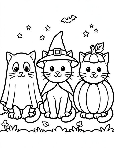 Costume Kittens coloring page: Three kittens in ghost, witch, and pumpkin costumes.