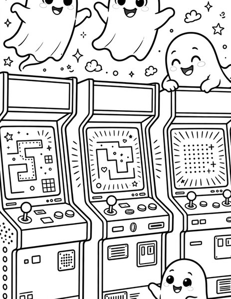 Ghost Arcade coloring page: Ghosts love claw machines too.