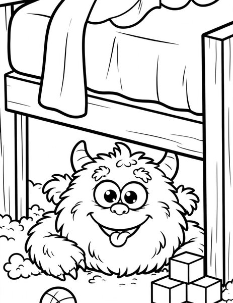 Monster Under the Bed coloring page: A friendly monster peeks from under the bed.