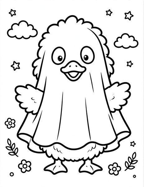 Duckling Ghost Costume coloring page: A duckling in a teeny ghost sheet.