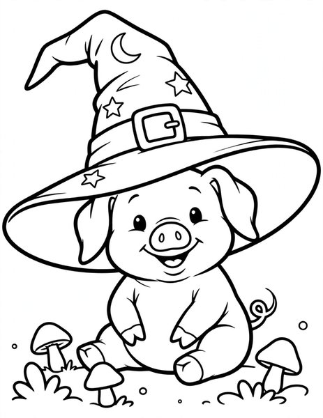 Piglet Witch coloring page: A piglet tries on a witch hat.
