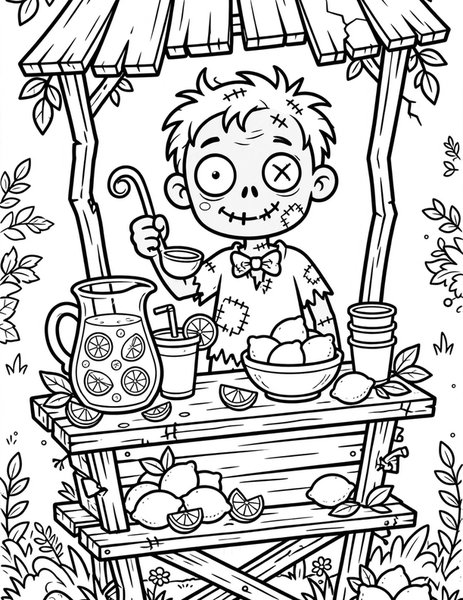 Zombie Lemonade Stand coloring page: Ice-cold lemonade, served by a zombie.